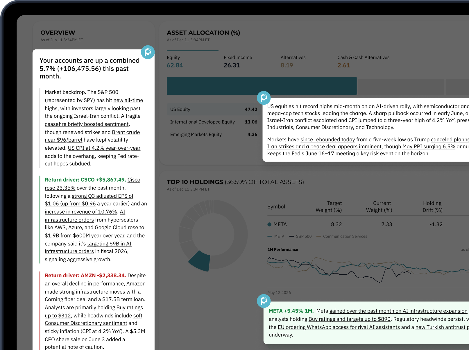 Pebble intelligence embedded in a retail brokerage dashboard
